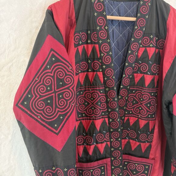 Handmade Quilt Jacket Red Black Patchwork Boho Festival Folk Art Large - Picture 5 of 11